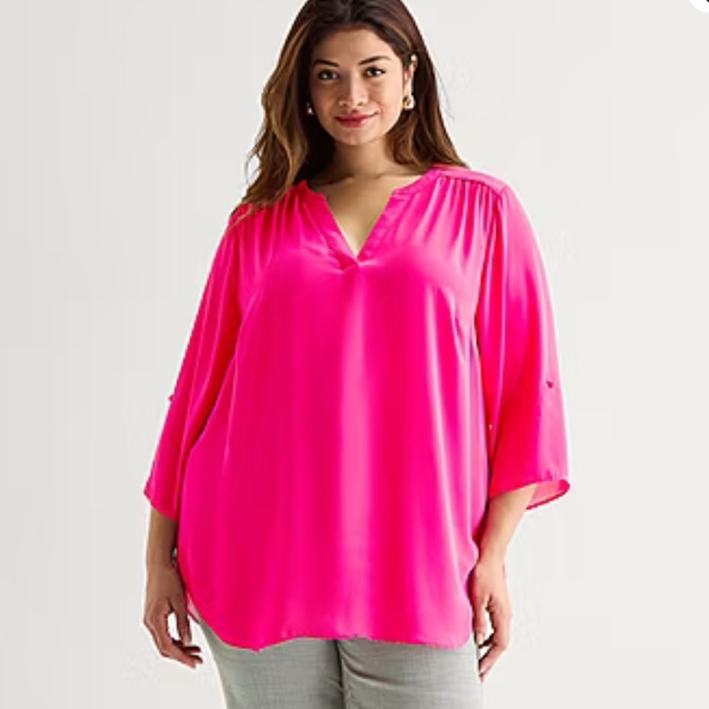 Worthington Bright Fuchsia V-Neck Roll-Sleeve Blouse Sz 3X New
